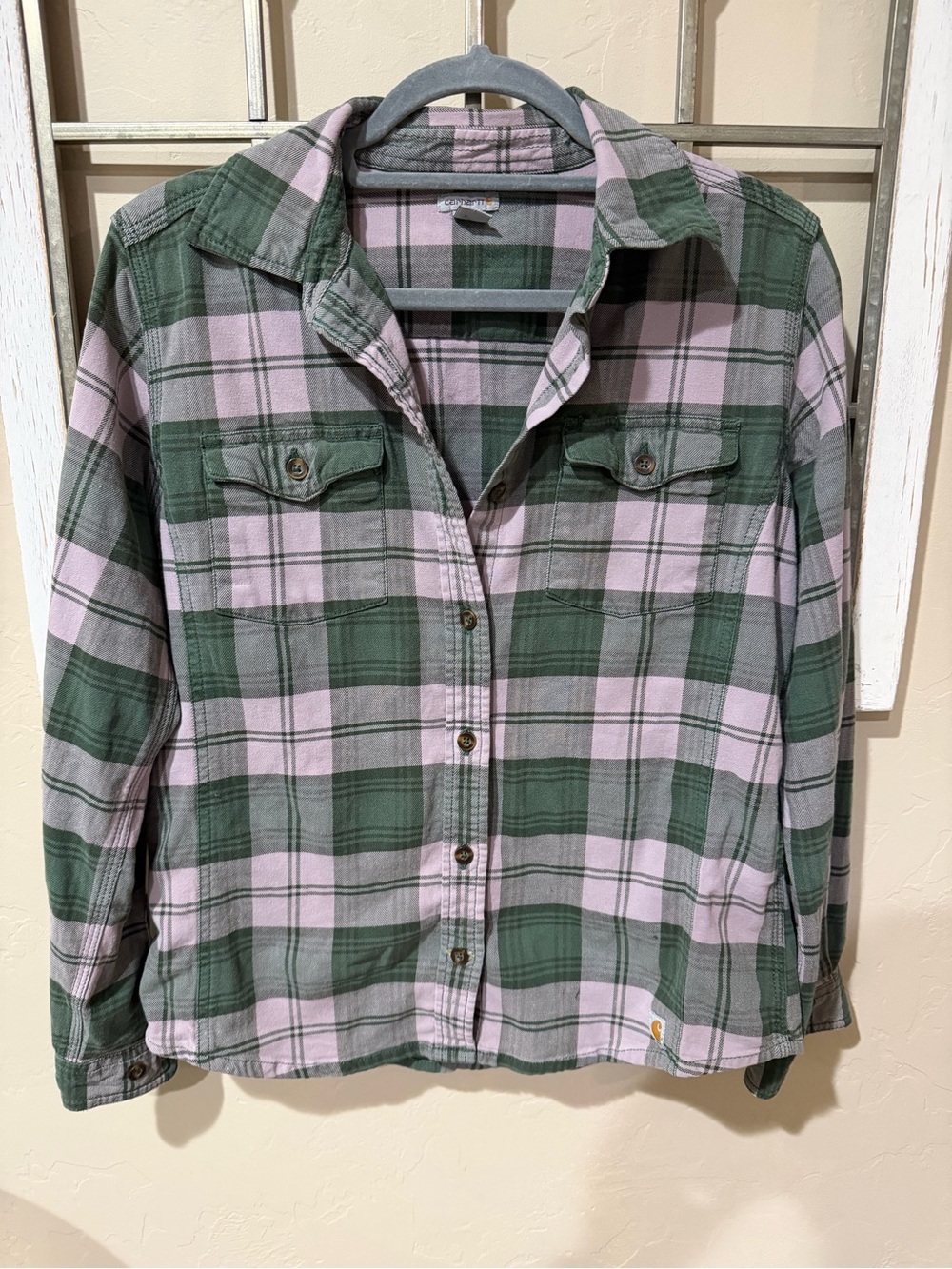Carhartt Women's Green and Lavender Plaid Flannel Shirt - size M - Picture 1 of 3